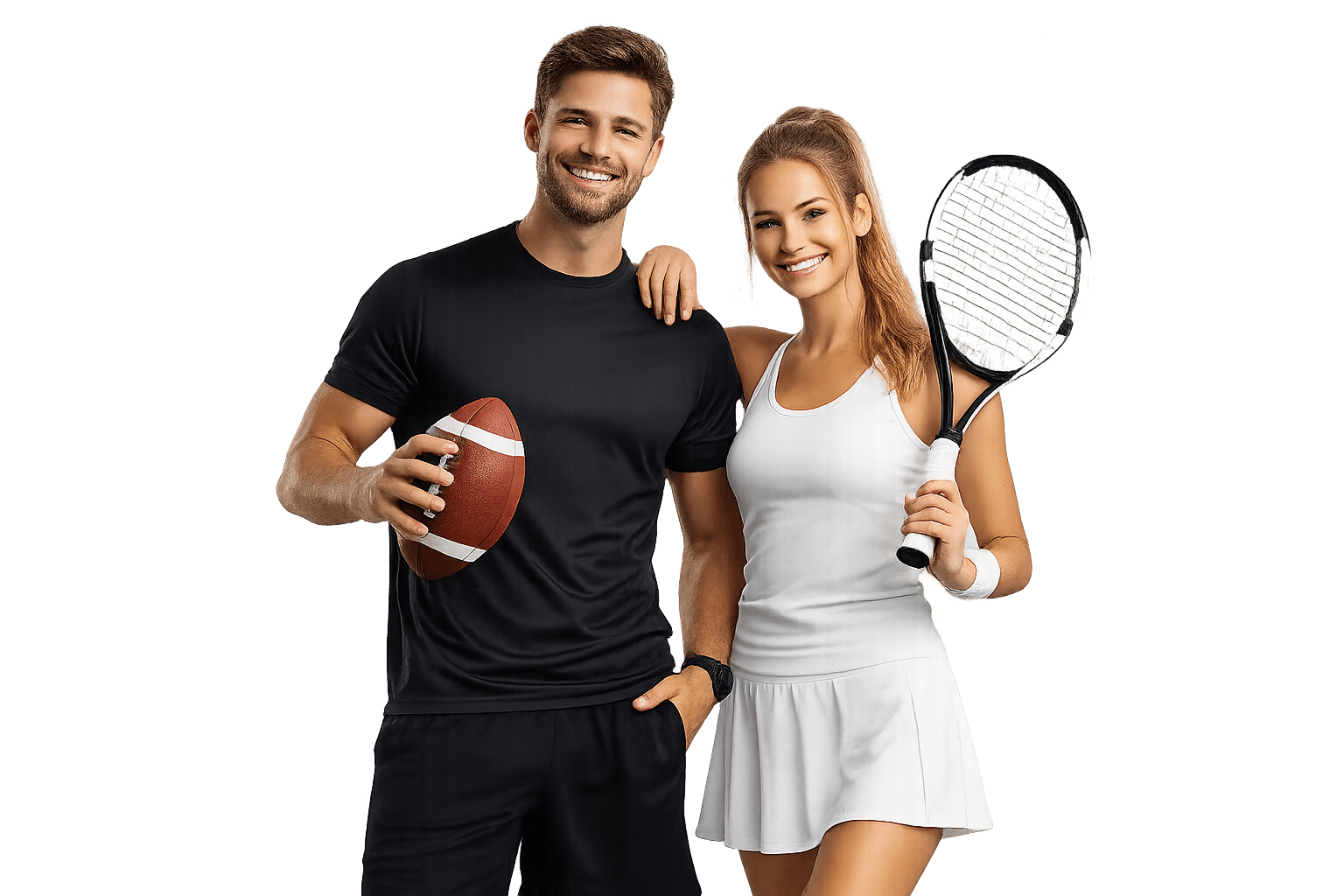 Athletes holding a football and tennis racket
